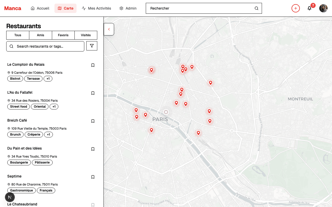 Manca - Carte interactive des restaurants recommandés par vos amis à Paris